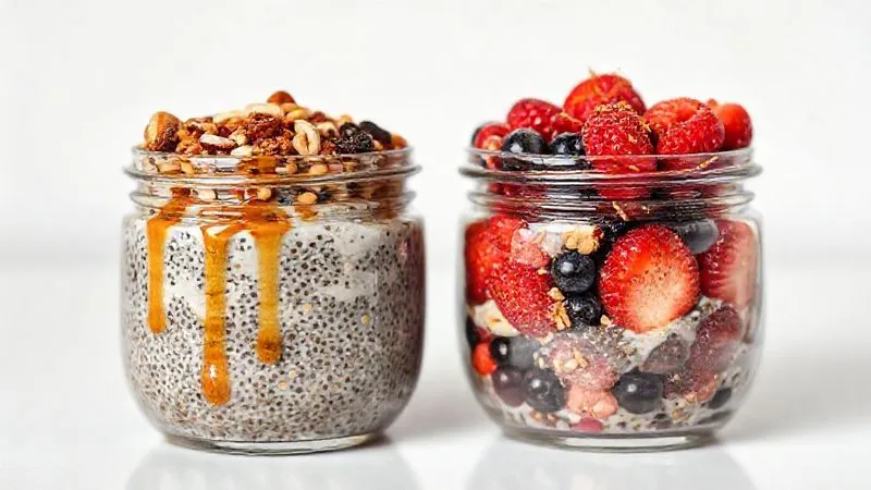 A photorealistic, professional photography, 8K, cinematic lighting, sharp focus, depth of field. Two glass jars of chia pudding. The first jar is overflowing with various high-calorie toppings like nuts, seeds, dried fruits, and a generous drizzle of syrup, looking appealing but heavy. The second jar has a balanced amount of fresh berries, a sprinkle of nuts, and a light dusting of cinnamon, appearing lighter and healthier. Both on a clean white background.
