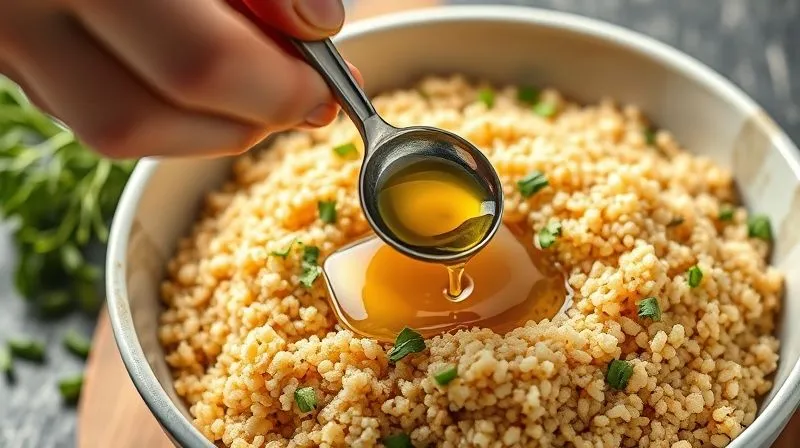 A close-up, photorealistic image of a hand carefully pouring a measured teaspoon of olive oil from a sleek measuring spoon into a bowl of cooked bulgur, with fresh herbs scattered around. The lighting is bright and natural, emphasizing precision and healthy cooking. Shot on a high-end DSLR, 8K, sharp focus, depth of field.