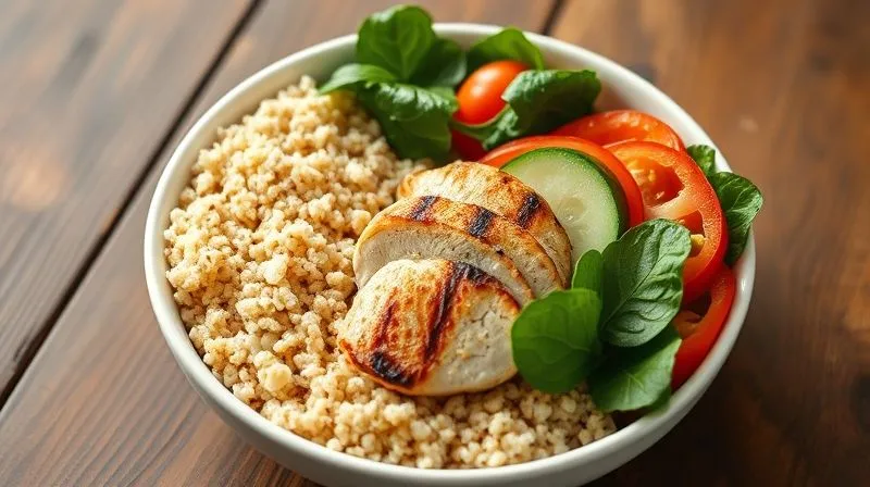A vibrant, photorealistic image of a perfectly balanced bulgur bowl on a rustic wooden table. The bowl is divided into clear sections: one quarter with fluffy bulgur, one quarter with grilled chicken breast slices, and half of the bowl filled with colorful, fresh vegetables like spinach, cherry tomatoes, cucumber, and bell peppers. Soft, natural light, 8K, sharp focus, depth of field, professional food photography.
