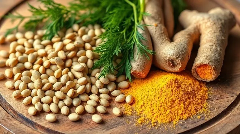 photorealistic, professional photography, 8K, cinematic lighting, sharp focus, depth of field, shot on a high-end DSLR. A close-up of various digestive herbs and spices like caraway seeds, dill, ginger root, and turmeric powder, arranged aesthetically on a wooden board, with soft natural light.