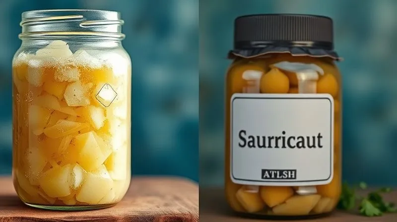 photorealistic, professional photography, 8K, cinematic lighting, sharp focus, depth of field, shot on a high-end DSLR. A split image: on one side, a vibrant, homemade jar of bubbling sauerkraut, representing quality and health. On the other side, a dull, commercially processed jar with a generic label, looking less appealing, representing potential pitfalls.