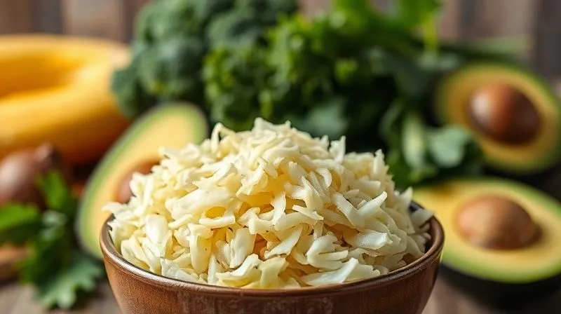 A vibrant, photorealistic still life of a bowl of sauerkraut in the foreground, with various colorful low-carb vegetables (broccoli, spinach, avocado) artfully arranged in the soft-focus background. Cinematic lighting, sharp focus on the sauerkraut, depth of field. 8K hyper-detailed, professional photography, shot on a high-end DSLR.