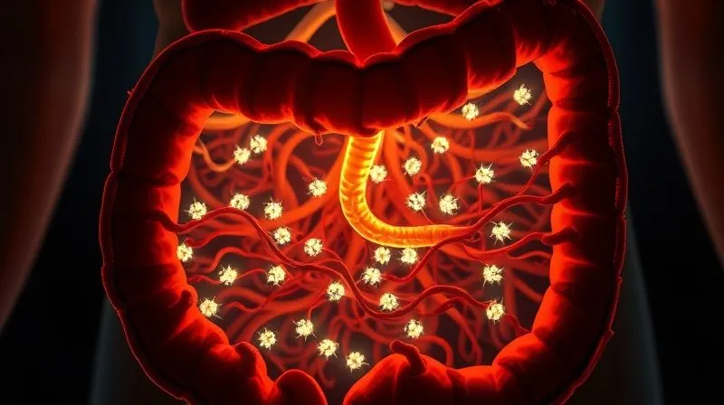 A stylized, photorealistic cross-section of a human gut, showing a diverse and thriving microbiome with various beneficial bacteria represented by small, glowing lights. In the background, a subtle, healthy glow emanates from the gut, symbolizing well-being. Cinematic lighting, sharp focus on the microbiome, depth of field. 8K hyper-detailed, professional photography, shot on a high-end DSLR.