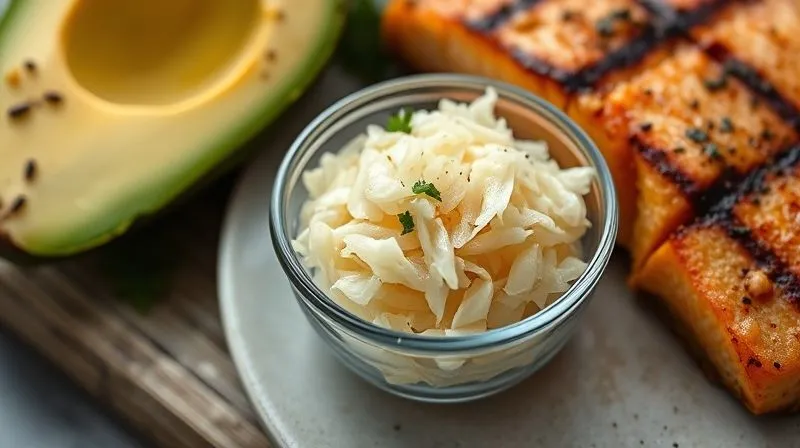 A close-up, photorealistic shot of a small, perfectly portioned serving of homemade sauerkraut in a delicate glass bowl, placed next to a keto-friendly meal (e.g., grilled salmon and avocado). Soft, natural light, sharp focus on the sauerkraut, depth of field. 8K hyper-detailed, professional photography, shot on a high-end DSLR, emphasizing healthy portion control.