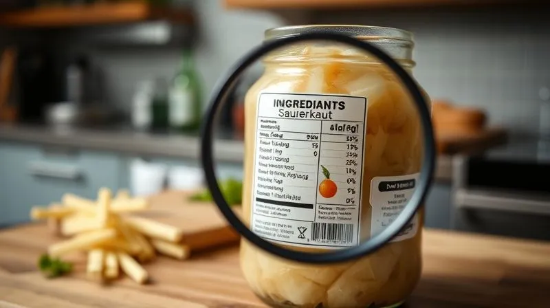 Photorealistic, professional photography, 8K, cinematic lighting, sharp focus, depth of field, shot on a high-end DSLR. A magnifying glass hovering over a food label of a jar of sauerkraut, highlighting the ingredients list, with a blurred background of a kitchen counter, emphasizing scrutiny and informed choices.