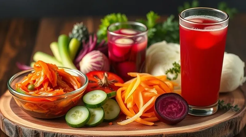 Photorealistic, professional photography, 8K, cinematic lighting, sharp focus, depth of field, shot on a high-end DSLR. An elegant spread of various fermented vegetables: a bowl of vibrant kimchi, sliced pickled cucumbers, and a glass of deep red beet kvass, alongside a bowl of sauerkraut, all arranged on a rustic wooden board, emphasizing diversity and health.