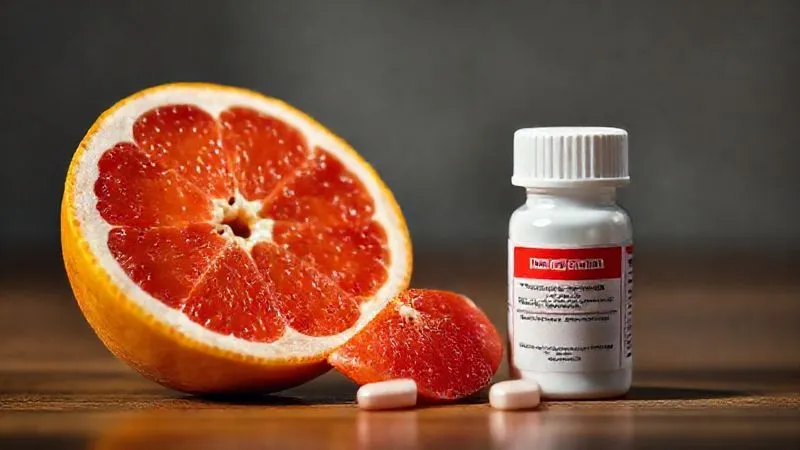 Photorealistic, professional photography, 8K, cinematic lighting, sharp focus, depth of field, shot on a high-end DSLR. A vibrant, halved grapefruit next to a small, white pill bottle with a red warning label, symbolizing the dangerous interaction between medication and fruit. The lighting creates a dramatic contrast, highlighting the potential risk. No text or logos on the bottle.