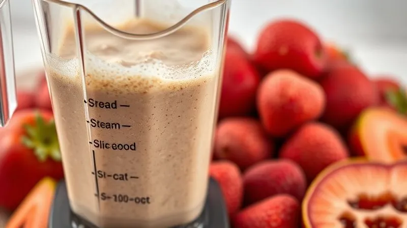 A close-up, photorealistic image of a blender with overly processed, frothy oat smoothie, next to a pile of very ripe, sugary fruits, professional photography, 8K, cinematic lighting, sharp focus, depth of field, shot on a high-end DSLR, conveying a sense of unhealthy sweetness.