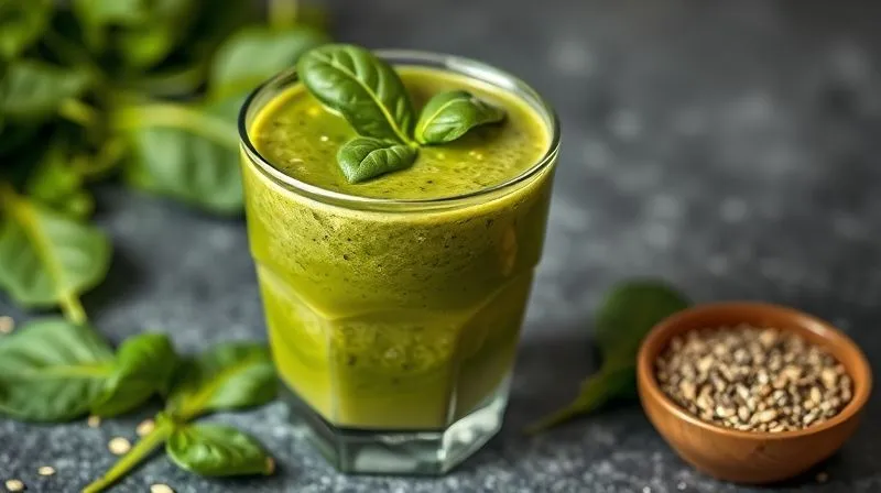 Photorealistic image of a vibrant green oat smoothie in a stylish glass, garnished with a few fresh spinach leaves, next to a small bowl of chia seeds and almond butter, professional photography, 8K, cinematic lighting, sharp focus, depth of field, shot on a high-end DSLR, emphasizing healthy ingredients.