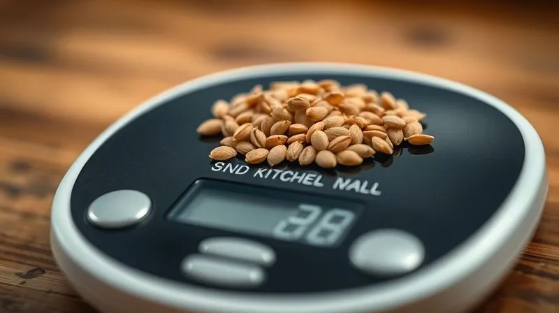 A close-up, photorealistic image of a small, precise portion of sunflower seeds being weighed on a modern kitchen scale. The numbers on the scale display a specific, small weight. The background is softly blurred, focusing on the precision of measurement. cinematic lighting, sharp focus, depth of field, professional photography, 8K, shot on a high-end DSLR.