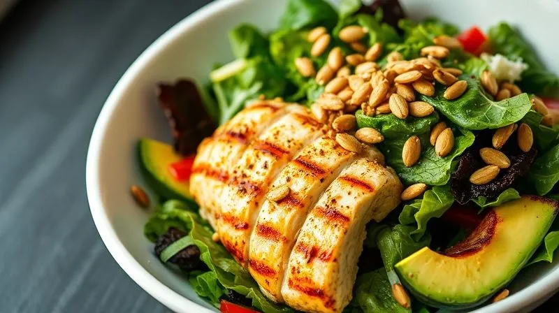 A beautifully plated, vibrant keto salad with grilled chicken, avocado slices, mixed greens, and a sprinkle of golden-brown sunflower seeds on top. The salad is presented in a modern white bowl, with cinematic lighting highlighting the freshness of the ingredients. sharp focus, depth of field, professional photography, 8K, shot on a high-end DSLR.