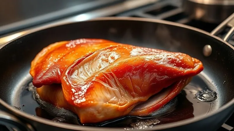 Photorealistic, professional photography, 8K, cinematic lighting, sharp focus, depth of field, shot on a high-end DSLR. A close-up shot of a duck breast on a frying pan, skin side down, with visible rendered fat bubbling gently around it. The skin is turning golden and crispy, emphasizing the process of fat removal. Steam gently rises, conveying freshness and cooking in progress.
