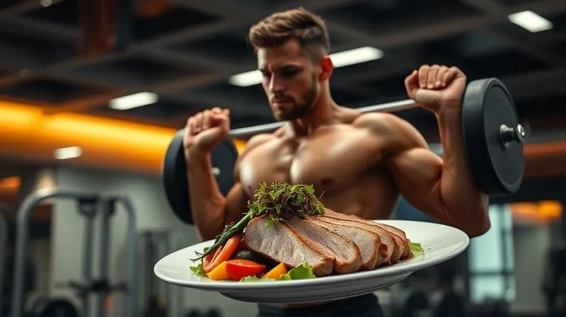 Photorealistic, professional photography, 8K, cinematic lighting, sharp focus, depth of field, shot on a high-end DSLR. A dynamic shot of a fitness enthusiast lifting weights in a modern gym, with a subtle, stylized overlay of a plate of lean duck breast and vegetables, symbolizing the fuel for performance. The athlete is in sharp focus, background slightly blurred, conveying strength and healthy eating.