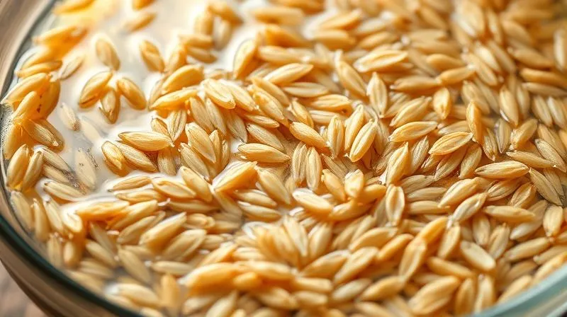 Photorealistic close-up of brown rice grains soaking in a glass bowl, with water covering them, soft natural light, depth of field, 8K hyper-detailed.