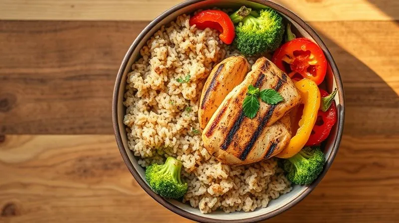 Photorealistic overhead shot of a vibrant, healthy meal bowl featuring perfectly cooked brown rice, grilled chicken, colorful roasted vegetables (broccoli, bell peppers), and a sprinkle of fresh herbs, on a wooden table with soft natural light, 8K hyper-detailed.