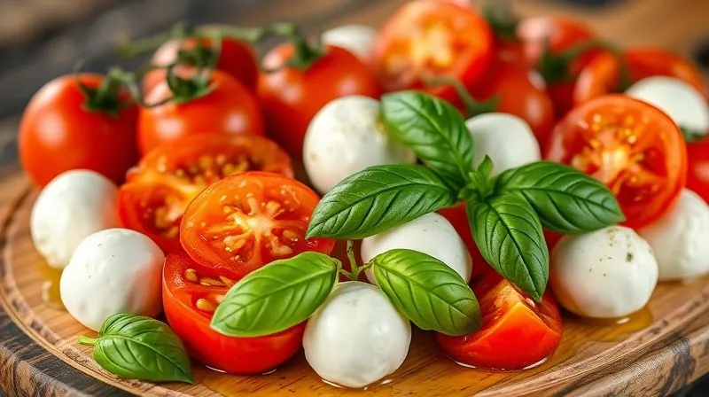 A photorealistic, professional photography of fresh, vibrant ingredients for Caprese salad: ripe red heirloom tomatoes, creamy white mozzarella balls (bocconcini), bright green basil leaves, and a drizzle of golden olive oil, all arranged on a rustic wooden board. Cinematic lighting, sharp focus on the textures, depth of field blurring the background. Shot on a high-end DSLR, 8K hyper-detailed.