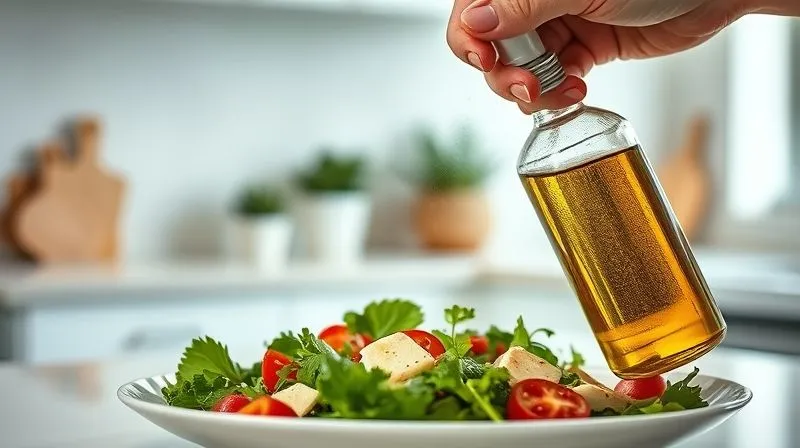 A photorealistic, professional photography of a hand using an olive oil spray bottle to lightly mist a Caprese salad, emphasizing portion control and healthy eating. The background is a clean, modern kitchen with soft, natural light. Sharp focus on the spray, depth of field blurring the background. Shot on a high-end DSLR, 8K hyper-detailed.