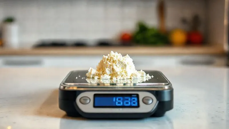 Photorealistic, professional photography, 8K, cinematic lighting, sharp focus, depth of field, shot on a high-end DSLR. A small, crumbled portion of feta cheese meticulously placed on a digital kitchen scale, displaying a precise weight. The background is a clean, minimalist kitchen counter, emphasizing precision and measurement. A sense of control and mindful eating.