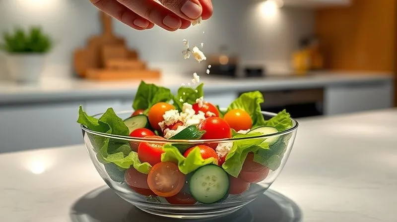 Photorealistic, professional photography, 8K, cinematic lighting, sharp focus, depth of field, shot on a high-end DSLR. A hand carefully sprinkling a measured portion of crumbled feta cheese over a vibrant, fresh salad in a glass bowl. The salad contains crisp green leaves, colorful cherry tomatoes, and thinly sliced cucumber. The background is a clean, modern kitchen counter, emphasizing mindful portion control and healthy eating habits.