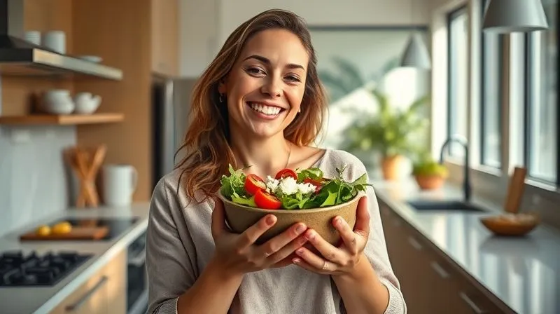 Photorealistic, professional photography, 8K, cinematic lighting, sharp focus, depth of field, shot on a high-end DSLR. A woman smiling contentedly, holding a small bowl of vibrant salad with a moderate amount of feta cheese. She looks healthy and energetic, standing in a brightly lit kitchen. The image conveys a sense of achievement and sustainable healthy eating, with an emphasis on balance rather than deprivation.