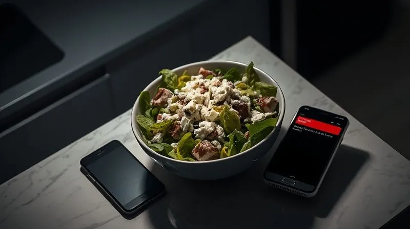 Photorealistic, professional photography, 8K, cinematic lighting, sharp focus, depth of field, shot on a high-end DSLR. An overhead shot of a kitchen counter with a partially eaten, large salad bowl overflowing with feta cheese and olive oil, next to a smartphone displaying a dieting app with a red 'calorie limit exceeded' warning. The scene is dimly lit, suggesting late-night indulgence and regret, highlighting common dieting pitfalls.