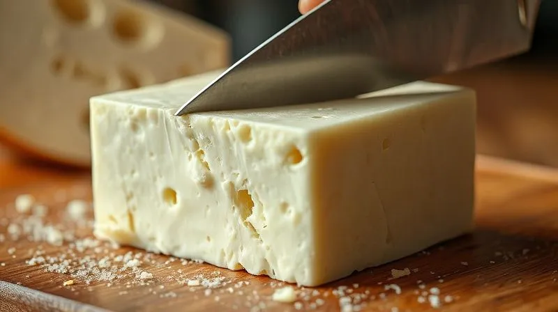 A close-up, photorealistic shot of a block of mozzarella cheese being sliced, with a faint, shimmering heat haze or a subtle, almost translucent barrier appearing to rise from the cheese, symbolizing a hidden obstacle to metabolic speed. Professional photography, 8K, cinematic lighting, sharp focus on the cheese, depth of field blurring the background, shot on a high-end DSLR.