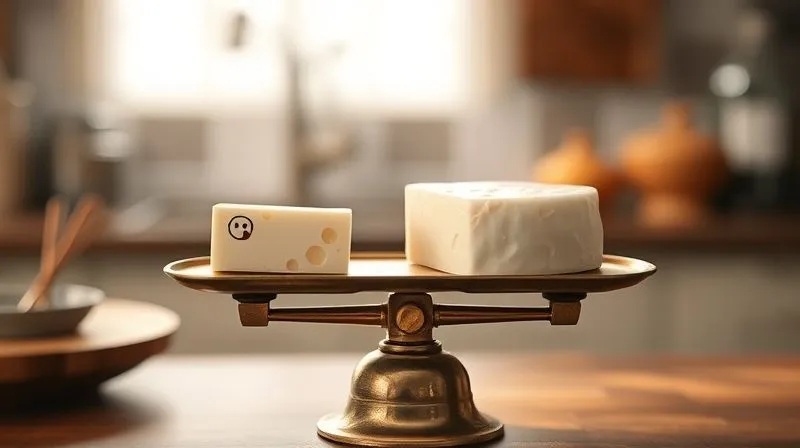 Photorealistic, professional photography, 8K, cinematic lighting, sharp focus, depth of field, shot on a high-end DSLR. A single slice of fresh mozzarella, subtly glowing, is placed on one side of an old-fashioned brass balance scale, while a small, stylized icon representing fat cells or a weight is on the other side, showing the scale slightly tipping towards the mozzarella. The background is a soft, blurred kitchen setting, emphasizing the delicate balance.