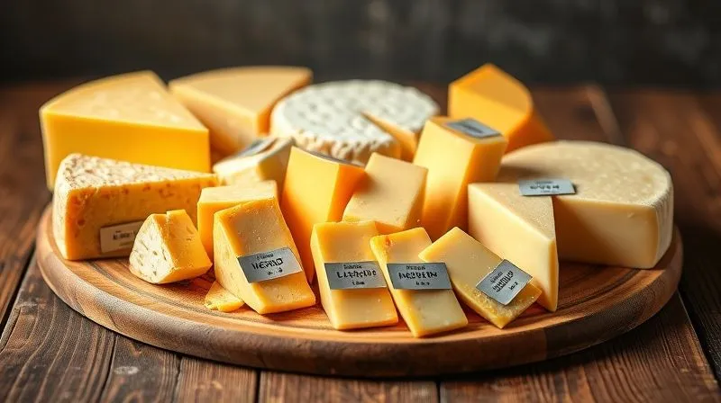 Photorealistic, professional photography of a diverse selection of hard yellow cheeses like Cheddar, Gouda, and Emmental, artfully arranged on a rustic wooden board. Each cheese has a small label indicating its macro content (low carb, high fat, high protein). Cinematic lighting, sharp focus on the cheeses, depth of field blurring the background, 8K hyper-detailed, shot on a high-end DSLR.