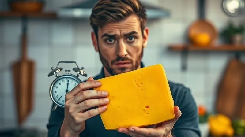 Photorealistic, professional photography of a person looking confused and slightly frustrated, holding a large block of yellow cheese in one hand and a small kitchen scale in the other, with a blurred background of a kitchen. Cinematic lighting creating a thoughtful mood, sharp focus on the person and objects, depth of field, 8K hyper-detailed, shot on a high-end DSLR.