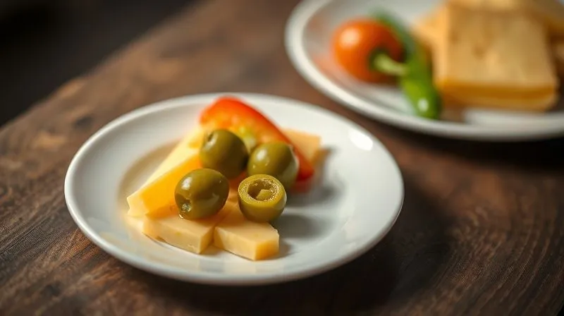 Photorealistic, professional photography of a small, perfectly portioned serving of sliced yellow cheese (e.g., Gouda) artfully arranged with a few green olives and a slice of red bell pepper on a minimalist white plate. The focus is on healthy, controlled snacking. Cinematic lighting, sharp focus on the food, depth of field blurring the background, 8K hyper-detailed, shot on a high-end DSLR.