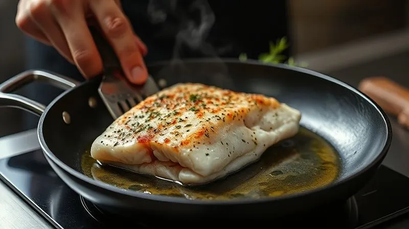 A photorealistic, professional photography shot of a chef's hands carefully placing a seasoned zander fillet onto a hot non-stick pan with a minimal amount of shimmering olive oil. The steam is subtly rising, and fresh herbs are visible nearby. Cinematic lighting, sharp focus on the pan and fish, depth of field blurring the background. 8K hyper-detailed, shot on a high-end DSLR.