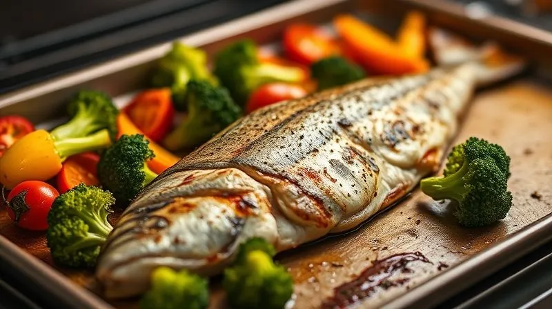 A photorealistic, professional photography shot of a perfectly baked zander fillet with colorful roasted vegetables (broccoli, bell peppers, cherry tomatoes) on a baking sheet, fresh out of the oven. The fish is flaky and golden, the vegetables slightly caramelized. Cinematic lighting, sharp focus on the meal, depth of field blurring the kitchen background. 8K hyper-detailed, shot on a high-end DSLR.