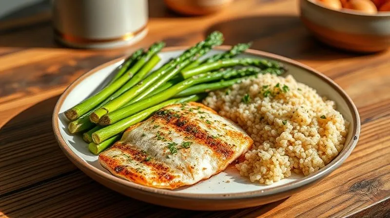 A photorealistic, professional photography shot of a perfectly balanced, healthy meal featuring a pan-fried zander fillet (prepared healthily), a vibrant side of steamed green asparagus, and a small portion of fluffy quinoa, all artfully arranged on a rustic wooden table. Natural daylight, sharp focus on the food, depth of field blurring a minimalist kitchen background. 8K hyper-detailed, shot on a high-end DSLR.