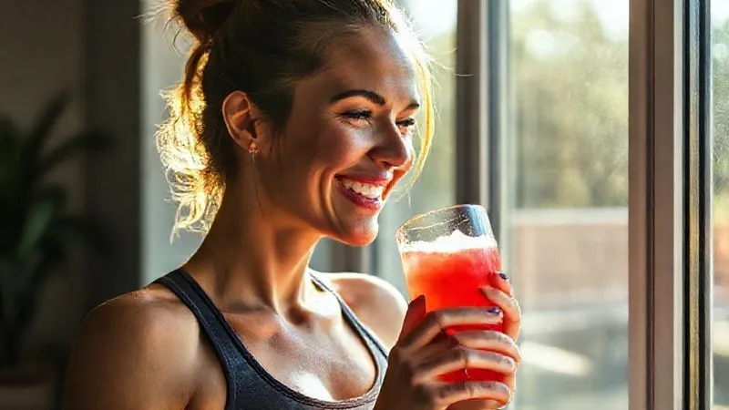 Photorealistic image of a woman joyfully drinking a glass of diluted watermelon juice after a workout, with a subtle smile of satisfaction. Sunlight streaming through a window, activewear, sharp focus on the glass and her face, depth of field, 8K hyper-detailed, professional photography, shot on a high-end DSLR.
