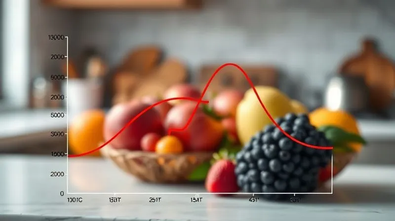 A photorealistic, professional photography, 8K, cinematic lighting, sharp focus, depth of field, shot on a high-end DSLR, showing a stylized graph of blood sugar levels with two distinct curves: one sharply peaking and falling after consuming juice, and another gently rising and gradually falling after eating whole fruit. The background is a blurred, healthy kitchen setting, emphasizing the scientific aspect in an approachable way.