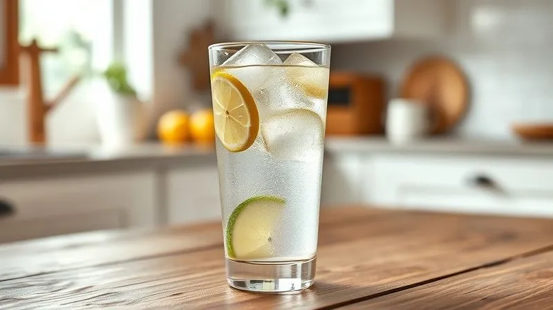 A photorealistic, professional photography, 8K, cinematic lighting, sharp focus, depth of field, shot on a high-end DSLR, showing a clear glass filled with diluted apple juice, with ice cubes and a slice of lemon, resting on a rustic wooden table. The background is a soft, natural kitchen light, emphasizing freshness and simplicity.