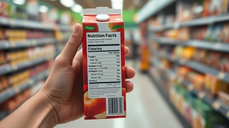 A photorealistic, professional photography, 8K, cinematic lighting, sharp focus, depth of field, shot on a high-end DSLR, showing a person's hand holding a supermarket apple juice carton, with the focus sharply on the nutritional label, highlighting the 'Ingredients' and 'Sugars' sections. The background is blurred supermarket aisle, suggesting a conscious choice.