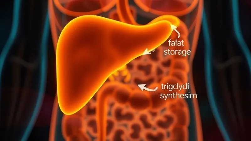 Photorealistic, professional photography, 8K, cinematic lighting, sharp focus, depth of field, shot on a high-end DSLR. A stylized, glowing diagram showing the metabolic pathway of fructose in the liver, with arrows pointing towards 'fat storage' and 'triglyceride synthesis', subtly illustrating the impact on fat burning. The background is a blurred, healthy digestive system.