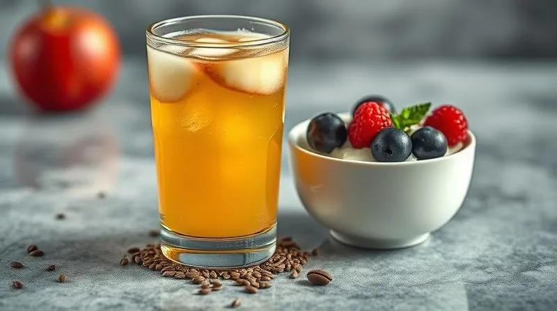 Photorealistic, professional photography, 8K, cinematic lighting, sharp focus, depth of field, shot on a high-end DSLR. A vibrant glass of diluted apple juice, with a scattering of chia seeds and a small bowl of Greek yogurt with berries next to it, symbolizing healthy pairings. The focus is on the combination, suggesting balance and nutritional value.