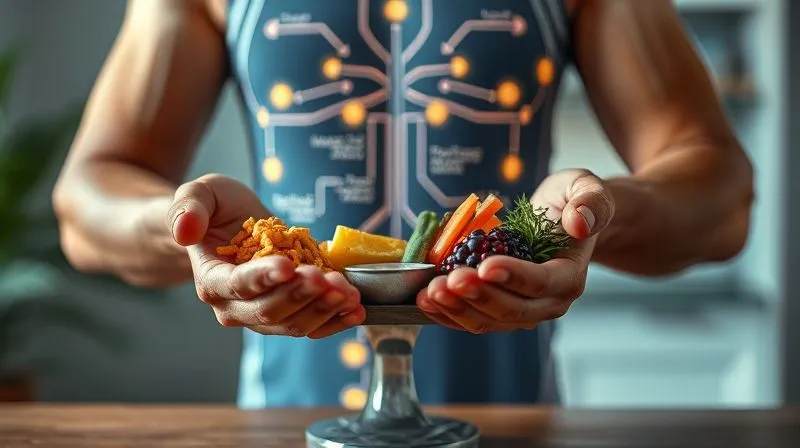 Photorealistic, professional photography, 8K, cinematic lighting, sharp focus, depth of field, shot on a high-end DSLR. A stylized diagram of human metabolism, showing interconnected pathways of energy conversion, with glowing arrows indicating energy flow. In the foreground, hands are arranging various food components (protein, fat, carbs) on a scale, emphasizing balance. The background is a subtle, blurred image of a healthy, active person.