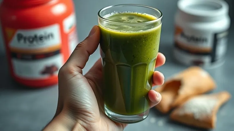 Photorealistic, professional photography, 8K, cinematic lighting, sharp focus, depth of field, shot on a high-end DSLR. A hand is holding a green smoothie glass, but the smoothie inside looks overly thick and dark, with too many fruit chunks visible. In the background, blurred, are empty protein powder containers and a half-eaten sugary pastry, subtly suggesting nutritional imbalance and bad habits. The lighting is slightly dim, creating a contemplative mood.