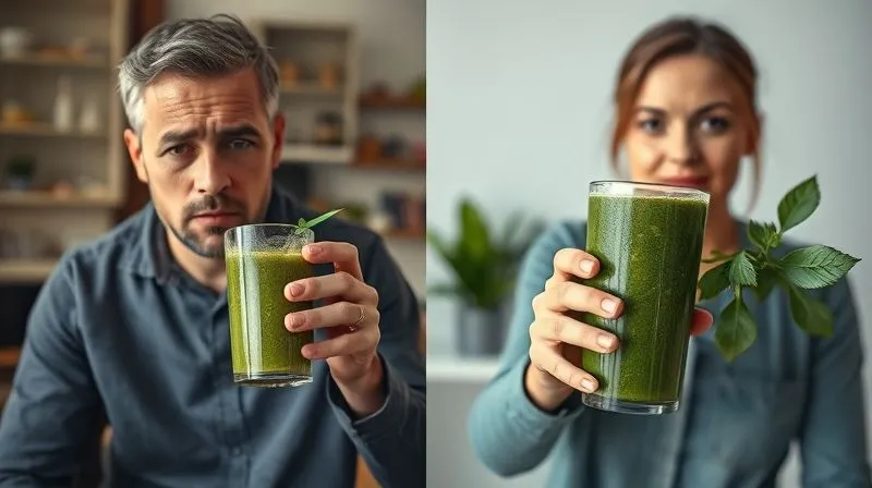 Photorealistic, professional photography, 8K, cinematic lighting, sharp focus, depth of field, shot on a high-end DSLR. A split image showing a before-and-after scenario. On the left, a person looks tired and frustrated, holding an overly sweet-looking, fruit-heavy green smoothie. On the right, the same person looks energetic and confident, holding a perfectly balanced, vibrant green smoothie with visible leafy greens and a healthy texture. The background on the left is slightly cluttered and dim, while on the right it's bright, clean, and inspiring, like a modern kitchen.