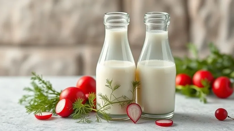 Photorealistic, professional photography, 8K, cinematic lighting, sharp focus, depth of field, shot on a high-end DSLR. Two elegant glass bottles, one filled with creamy white kefir and the other with slightly thinner ma?lanka, placed on a cool, light-colored stone surface. Fresh green dill sprigs and vibrant red radishes are scattered around, suggesting their use in a refreshing cold soup. The background is softly blurred, emphasizing the natural goodness of the dairy products.