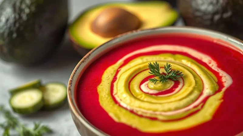 Photorealistic, professional photography, 8K, cinematic lighting, sharp focus, depth of field, shot on a high-end DSLR. A vibrant bowl of Lithuanian cold beet soup (ch?odnik litewski) with a distinct, creamy green swirl on top, made from blended avocado. The soup is garnished with fresh dill and finely chopped cucumbers. A halved, ripe avocado with its pit is visible in the background, along with a few slices, highlighting the healthy fat source. Soft, natural light.