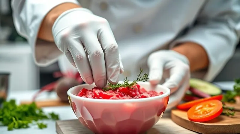 Photorealistic, professional photography, 8K, cinematic lighting, sharp focus, depth of field, shot on a high-end DSLR. A close-up of a chef's hands, wearing clean white gloves, meticulously garnishing a bowl of vibrant pink ch?odnik litewski with a sprig of fresh dill. The background shows a modern, clean kitchen environment with blurred fresh ingredients like beets and cucumbers, emphasizing the culinary process and expertise. Soft, bright lighting.