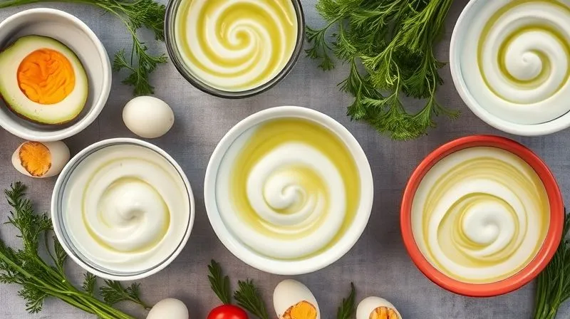 Photorealistic, professional photography, 8K, cinematic lighting, sharp focus, depth of field, shot on a high-end DSLR. A beautifully composed overhead shot of a table laden with several vibrant bowls of ch?odnik litewski, each featuring a different healthy, creamy swirl (e.g., Greek yogurt, avocado, kefir). Fresh ingredients like dill, radishes, and hard-boiled eggs are artfully arranged around the bowls. The scene evokes a feeling of fresh, healthy, and delicious summer dining, with soft, inviting light.