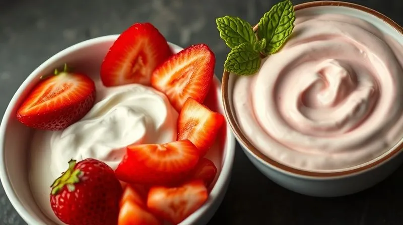 Photorealistic close-up of two bowls: one with plain Greek yogurt and fresh fruit, the other with an overly sweet, processed fruit yogurt, highlighting the contrast in health and naturalness. Cinematic lighting, sharp focus, 8K.