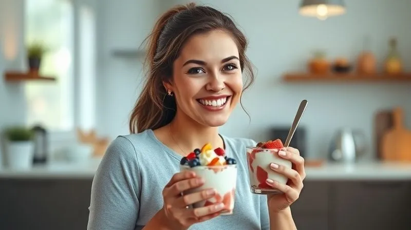 Photorealistic image of a woman (Anna) smiling confidently while enjoying a healthy yogurt parfait, looking fit and happy. The background is a bright, modern kitchen. Cinematic lighting, sharp focus, 8K.