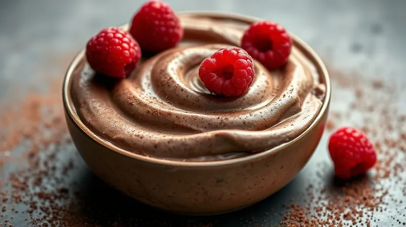 Photorealistic, professional photography of a decadent yet healthy-looking chocolate avocado yogurt mousse, garnished with a few fresh raspberries and a sprinkle of cocoa powder. Rich textures, dark tones, and a hint of natural light. 8K, cinematic lighting, sharp focus, depth of field.