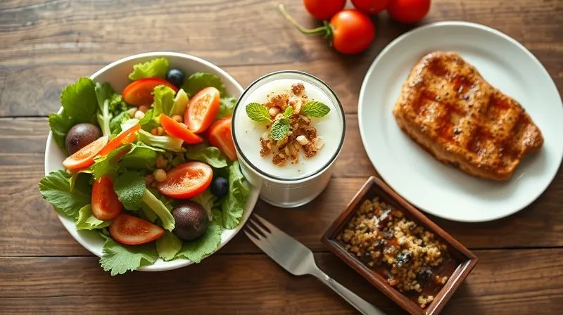 A photorealistic, professional overhead shot of a balanced, healthy meal spread on a wooden table, including a yogurt parfait, a fresh salad, and a portion of lean protein. Soft, natural light, inviting and vibrant colors. 8K, cinematic lighting, sharp focus, depth of field.